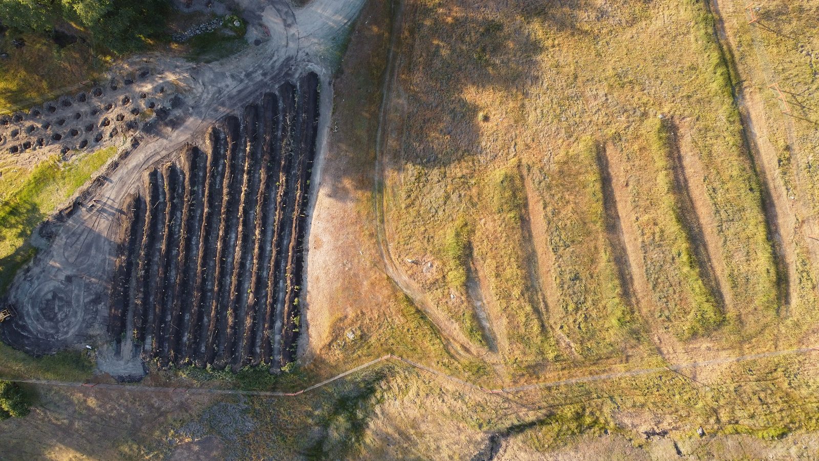Drone view of finished hugelkultur rows — long dark mounds running in parallel across a dry golden hillside.